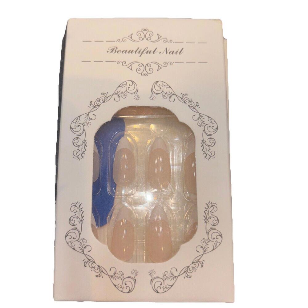 Press on Nails Medium Almond Shape Fake Nails Pale Pink White Tip